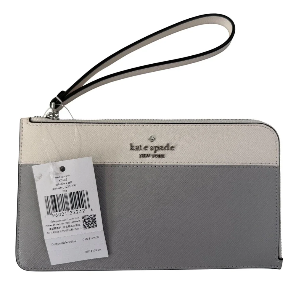 Kate Spade Colorblock Saffiano‎ Leather Medium L-Zip Wristlet Grey White DEFECT